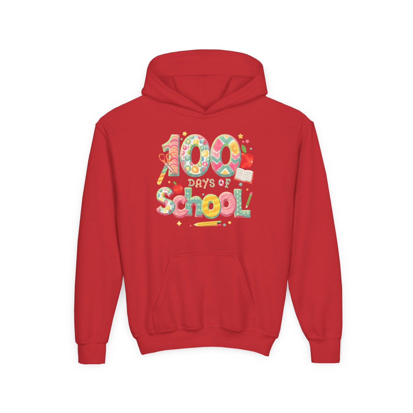 100 Days of School Youth Hoodie, Colorful School Spirit Sweatshirt, Kids Celebration Hoodie, Perfect for School Events, Fun Memory Gear Red