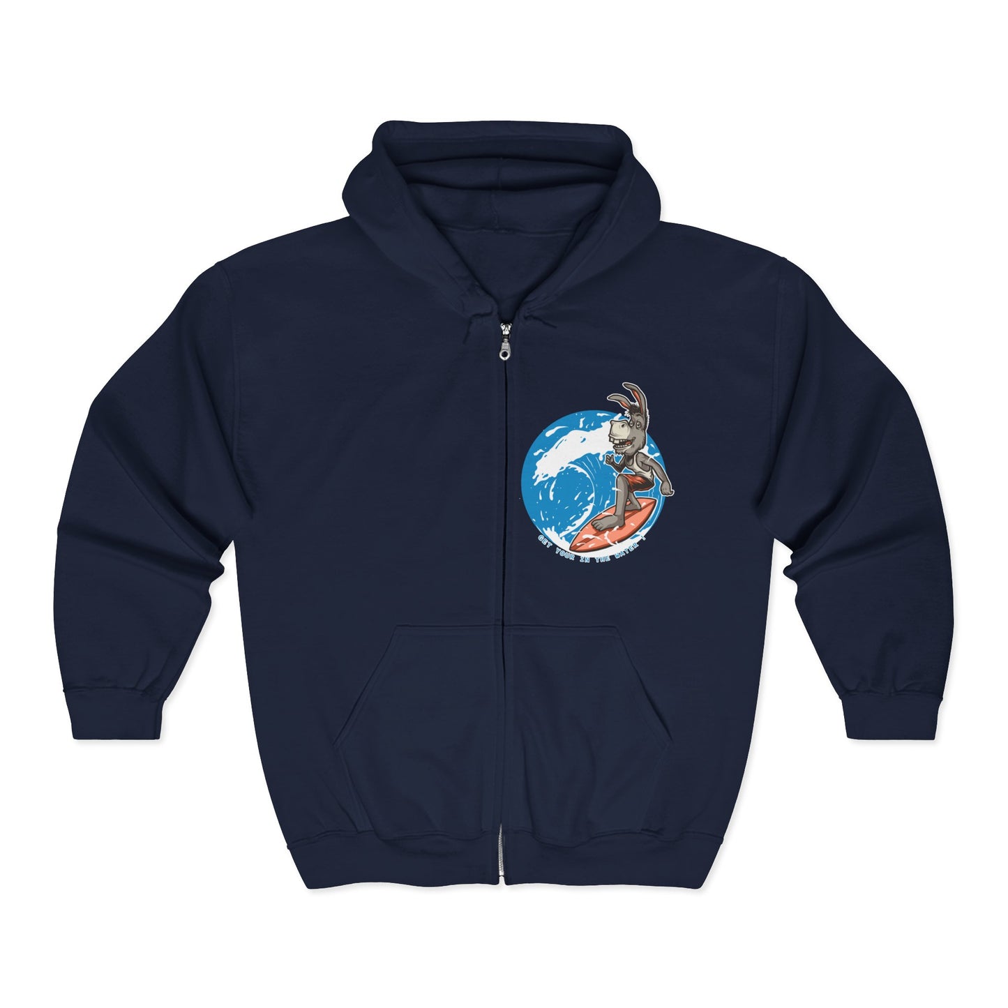 Funny Surfing Donkey Zip-Up Hoodie | Soft Fleece Beach Sweatshirt Navy