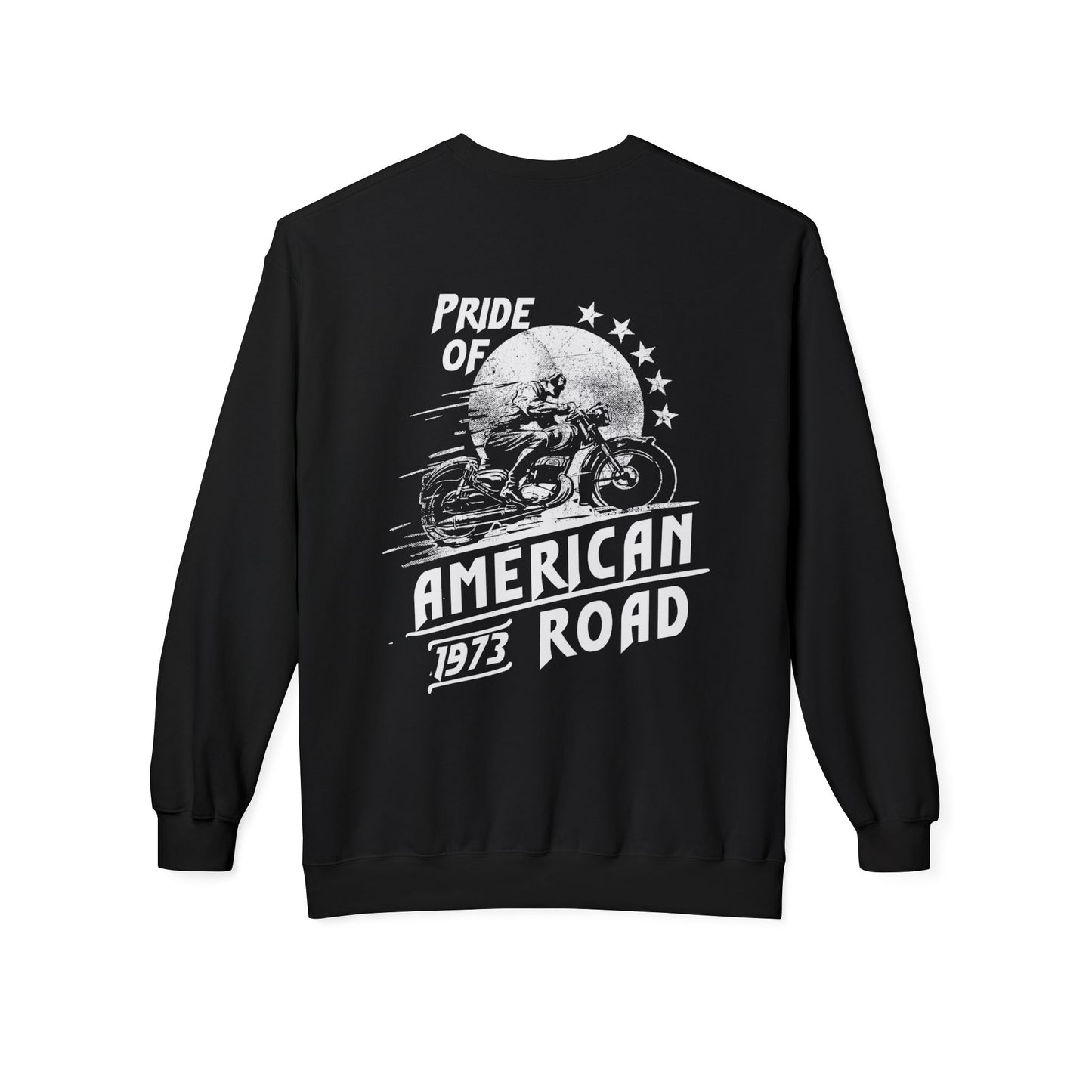 Pride of American Road Crewneck Sweatshirt, Cozy Unisex Fleece Top, Ideal Gift for Bikers, Road Trip Apparel, 1973 Vintage Style