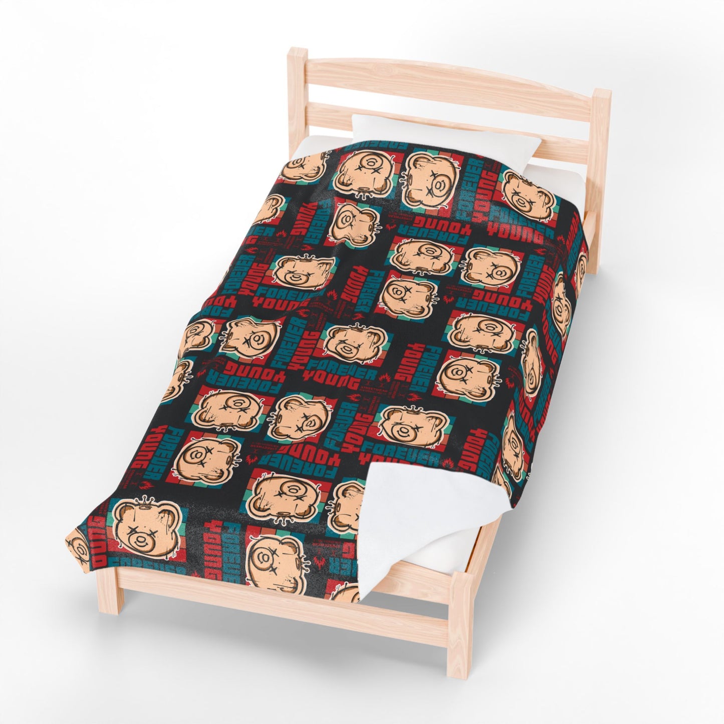 "Forever Young" Retro Graphic Velveteen Plush Blanket – Soft Black Throw with Teddy Bear – 90s Style Streetwear Decor