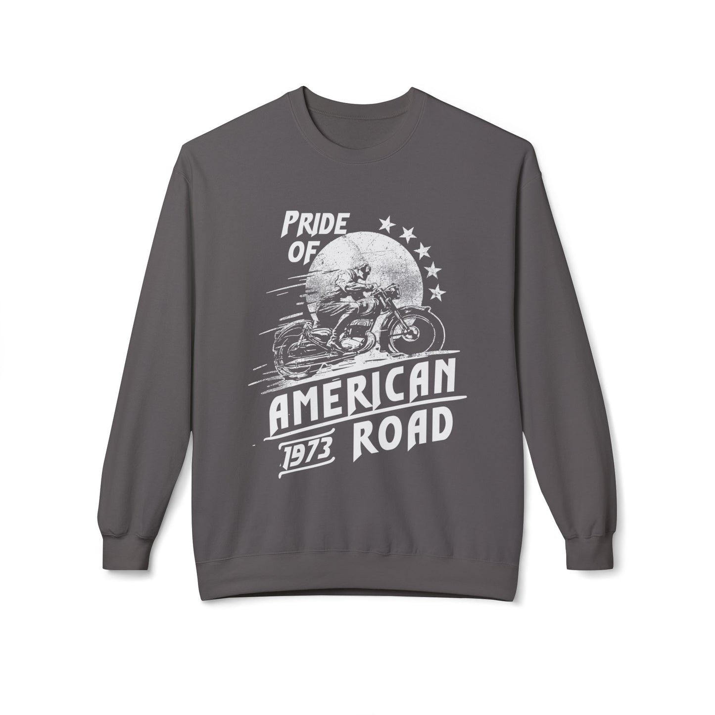 Pride of American Road Crewneck Sweatshirt, Cozy Unisex Fleece Top, Ideal Gift for Bikers, Road Trip Apparel, 1973 Vintage Style Charcoal