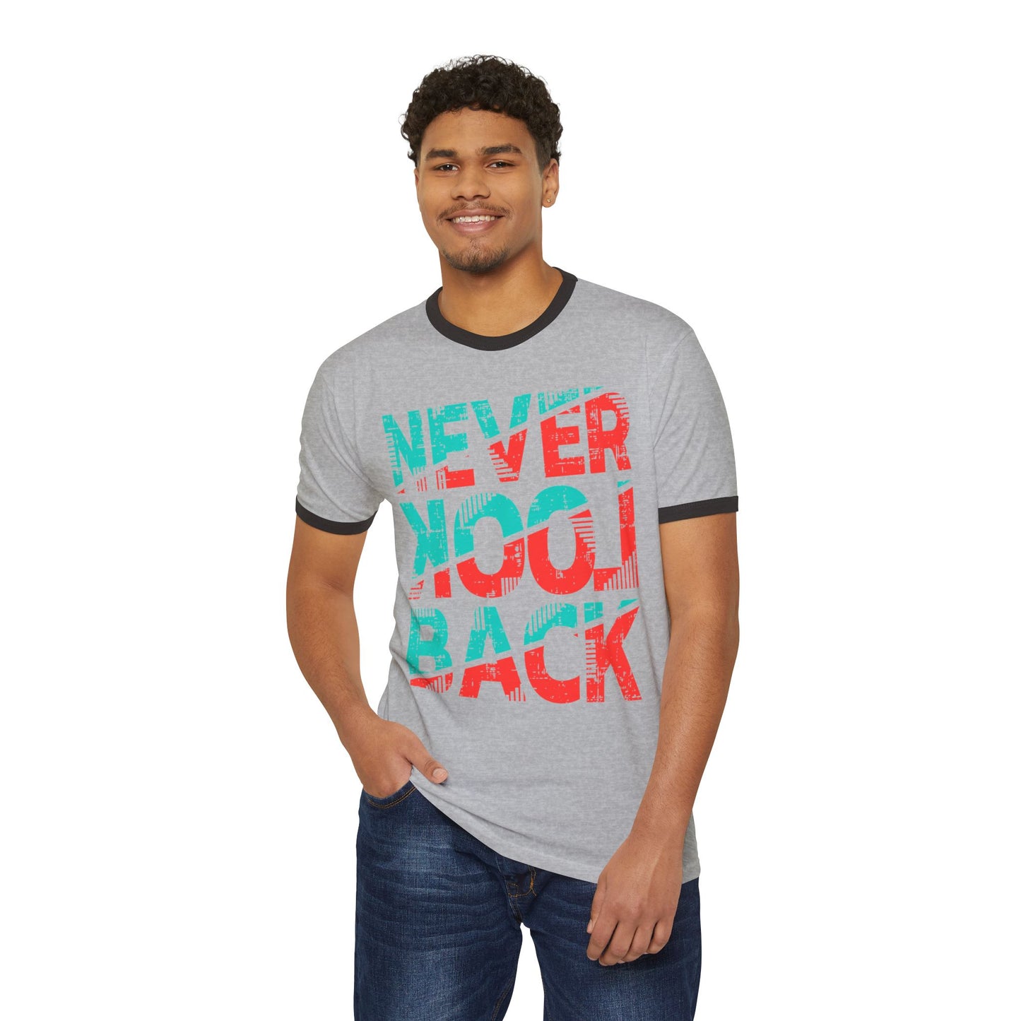 Retro Ringer T-Shirt - 'Never Look Back' Statement Tee, Casual Wear, Vintage Style, Gift for Friends, Motivational Shirt