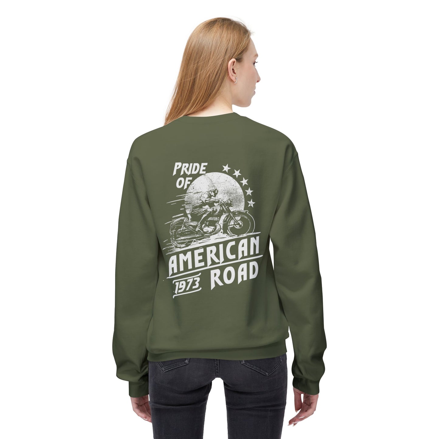 Pride of American Road Crewneck Sweatshirt, Cozy Unisex Fleece Top, Ideal Gift for Bikers, Road Trip Apparel, 1973 Vintage Style