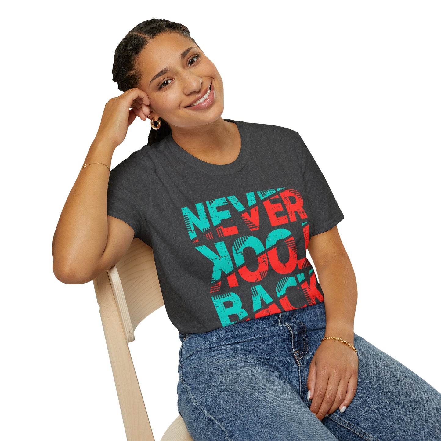 Unisex Softstyle T-Shirt with 'Never Look Back' Design - Motivational Graphic Tee for Daily Wear, Gifts, Casual Outings, Street Style