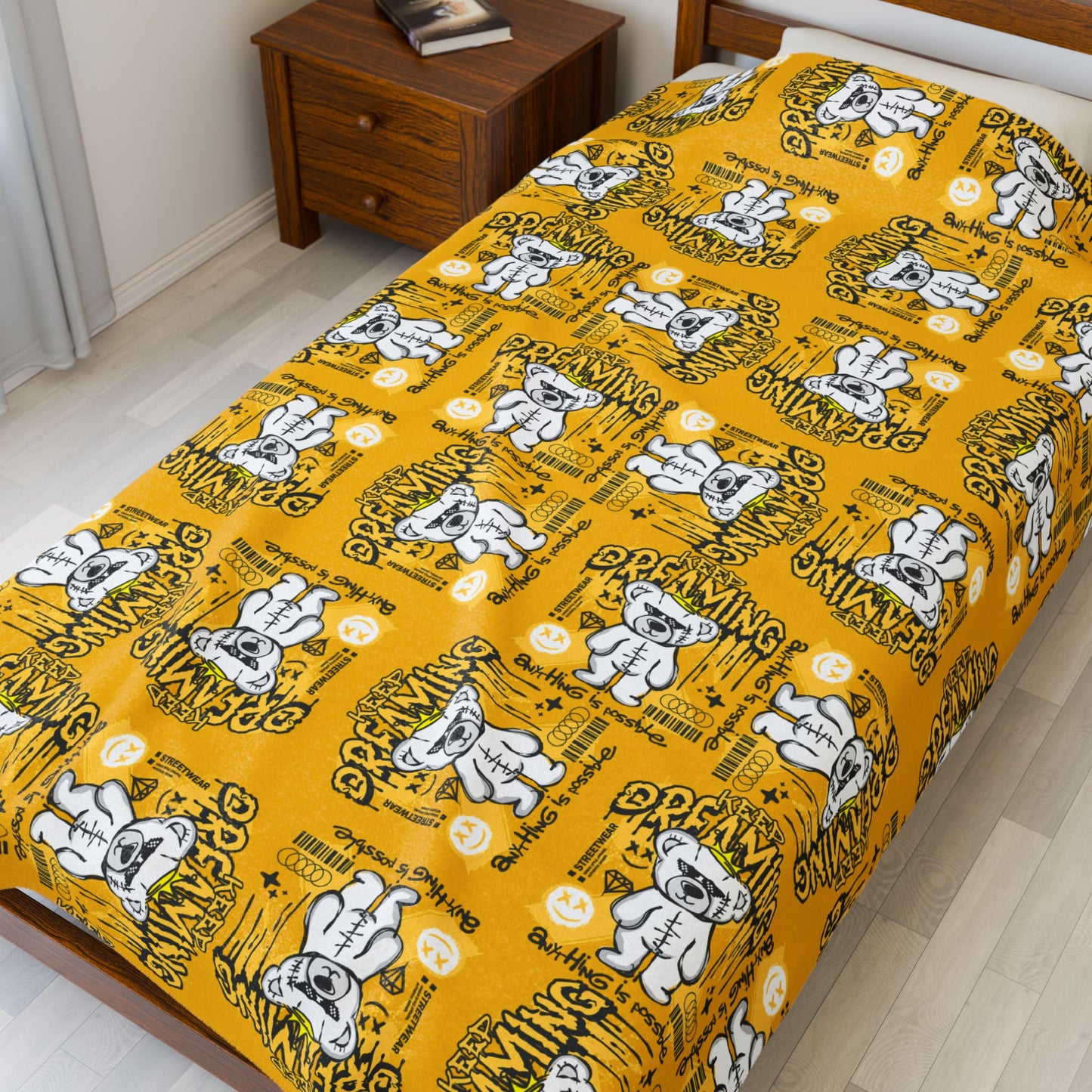 "Keep Dreaming" Inspirational Plush Blanket – Soft Velveteen Throw with Teddy Bear – Yellow Streetwear Home Decor 60" × 80"