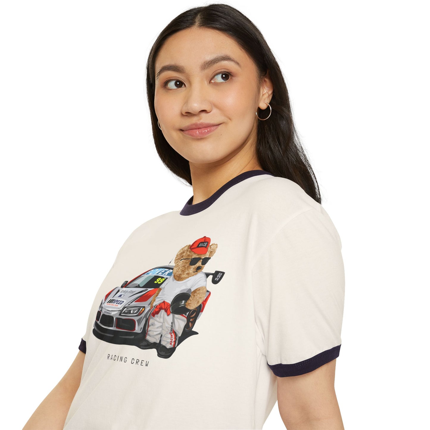Racing Bear Unisex Cotton Ringer T-Shirt - Funny, Casual Wear, Gift for Car Lovers, Birthday Gift, Motorsport Apparel