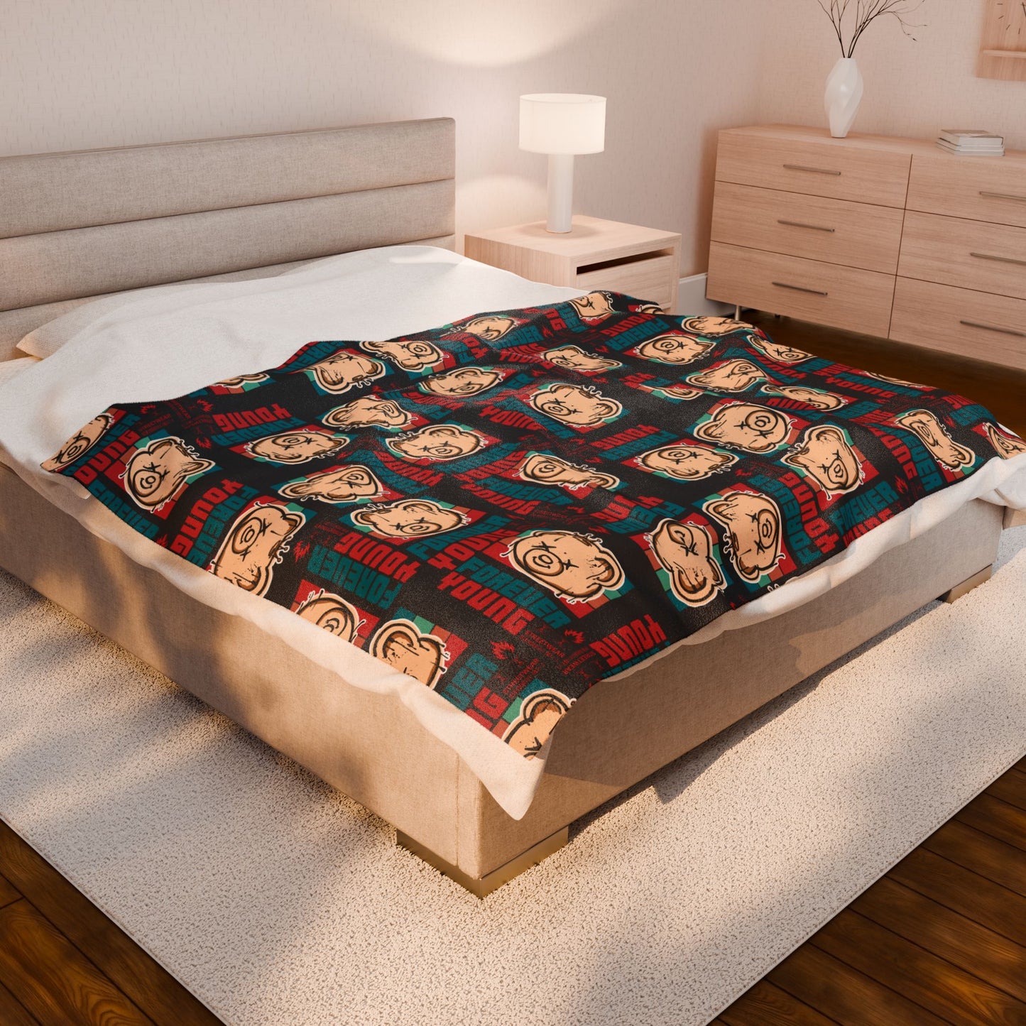 "Forever Young" Retro Graphic Velveteen Plush Blanket – Soft Black Throw with Teddy Bear – 90s Style Streetwear Decor