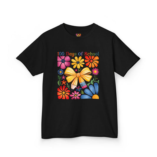 Colorful 100 Days of School Kids Tee, Flower Print T-Shirt for Students, End of Year Celebration Shirt, Fun School Day Wear, Gift for Kids Black