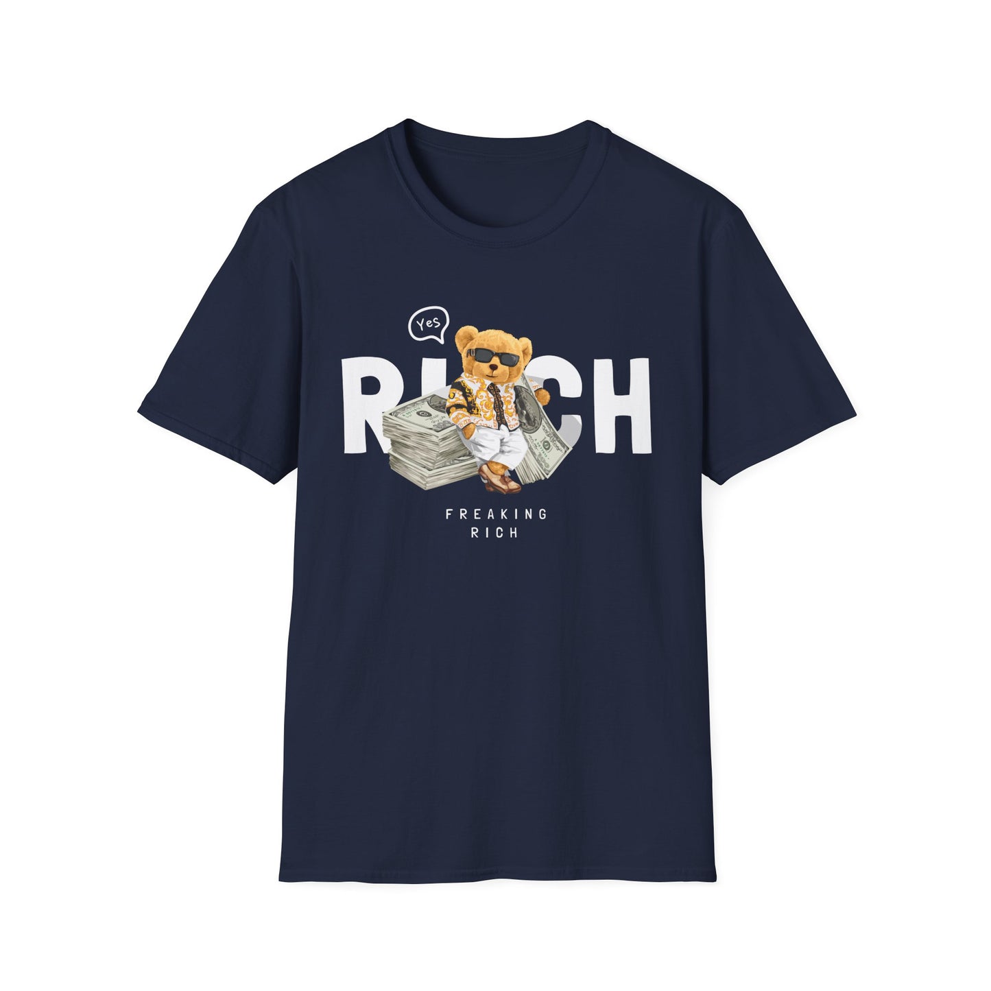 Freaking Rich T-Shirt, Unisex Softstyle Tee for Money Lovers, Fun Graphic Shirt for Birthdays, Gifts, Everyday Wear, Casual Attire Navy