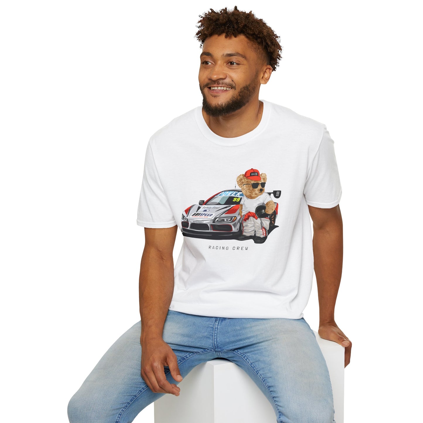 Racing Bear Unisex T-Shirt, Cute Animal Apparel, Car Lovers Gift, Fun Racing Shirt, Gift for Him/Her