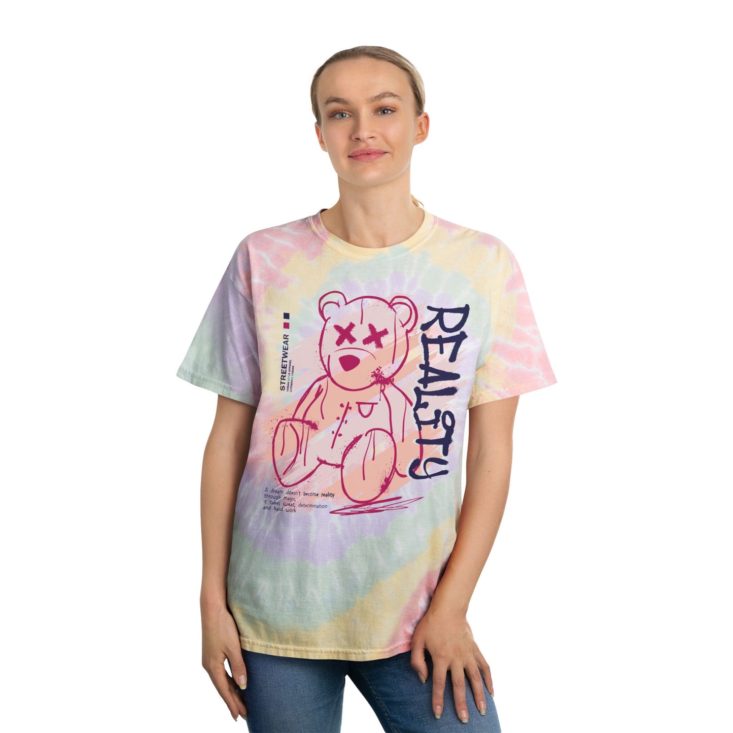 Unisex "Reality" Tie Dye T-Shirt – Streetwear Graphic Tee with Edgy Teddy Bear & Motivational Quote – 100% Cotton Pastel Shirt Hazy Rainbow