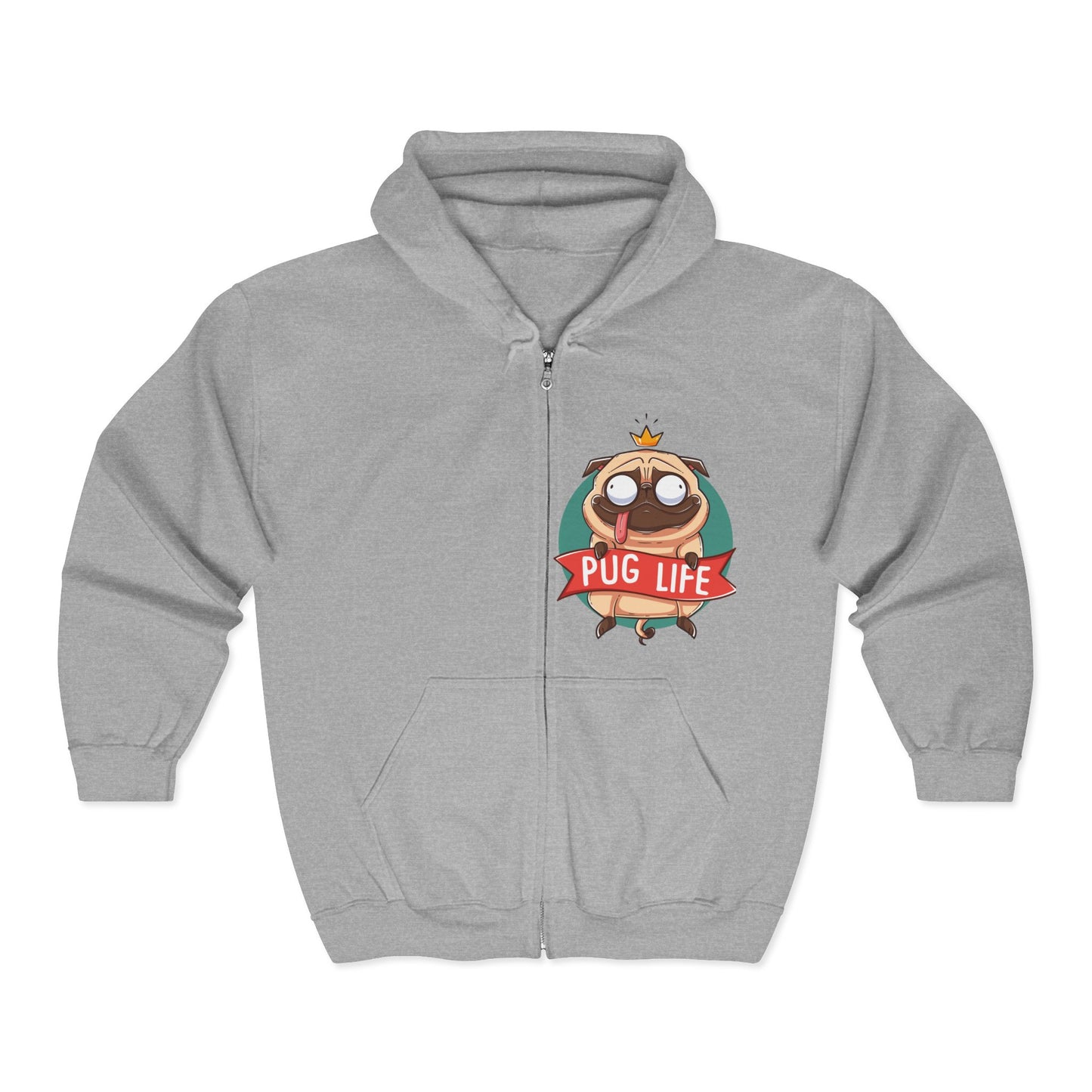 Pug Life Zip-Up Hoodie | Funny Pet Apparel, Gift for Dog Lovers, Cute Animal Sweatshirt, Casual Wear, Everyday Comfort Sport Grey