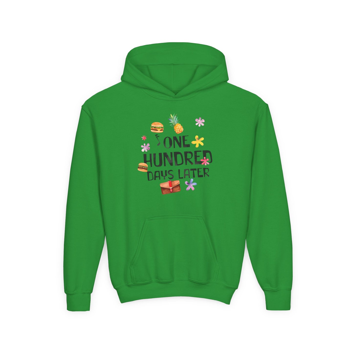 One Hundred Days Later Youth Hoodie, Fun Sweater for Kids, Cozy Gift for Birthdays, Celebrations, and Comfy Days Irish Green