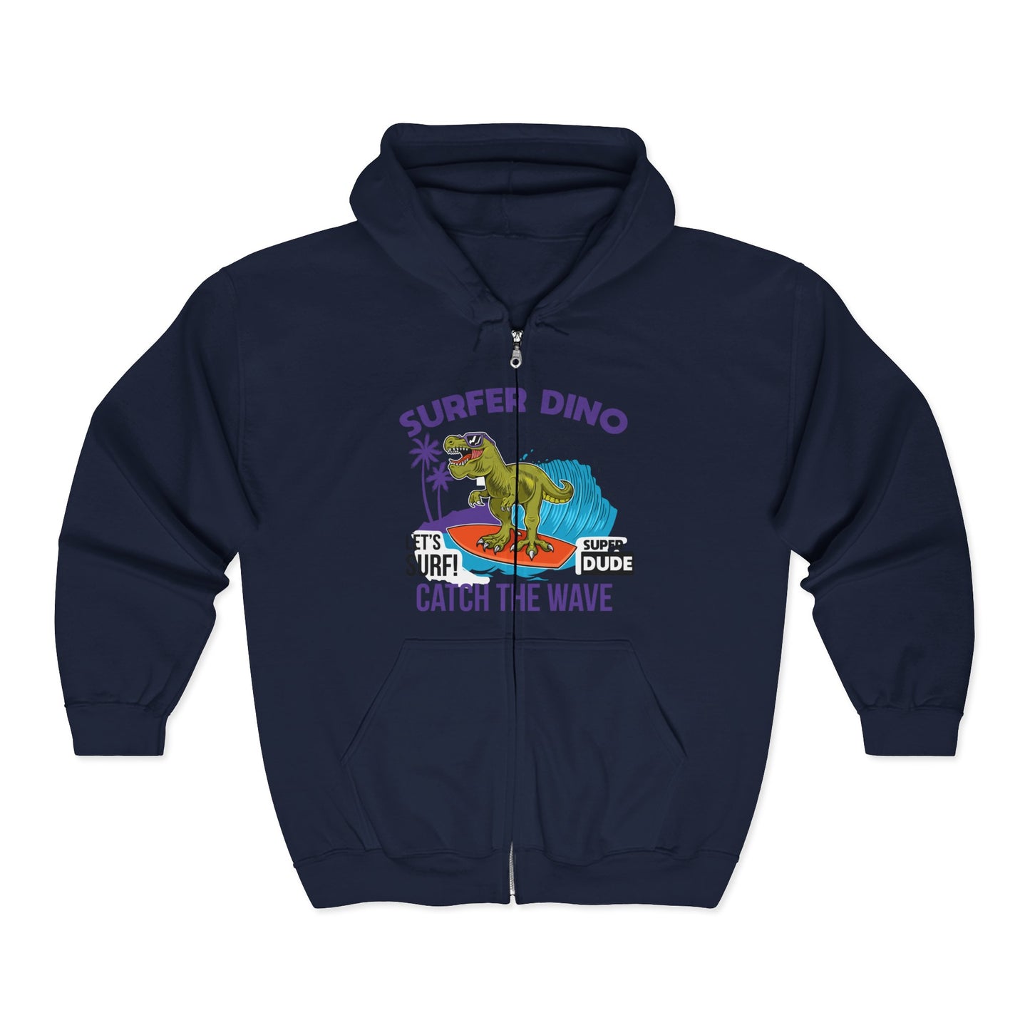 Surfer Dino Full Zip Hoodie - Catch the Wave, Surfing Sweatshirt for Beach Lovers, Gifts for Dino Enthusiasts, Fun Casual Wear Navy