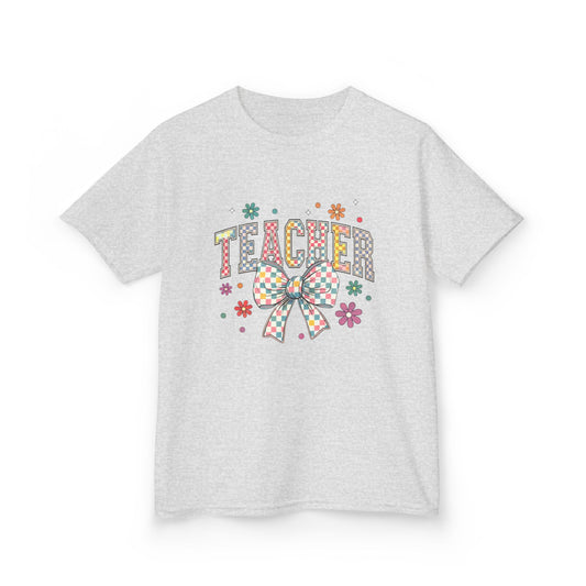Teacher Kids Tee with Colorful Bow Design, Perfect for Back to School, Teacher Appreciation, Birthday Gift, Fun Classroom Wear Ash XL