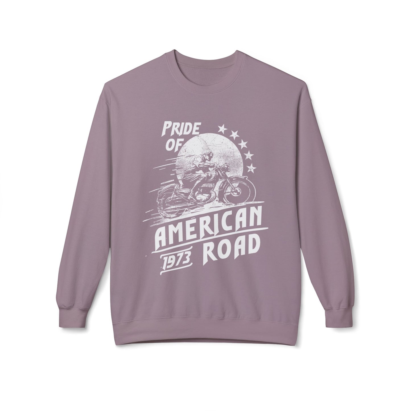 Pride of American Road Crewneck Sweatshirt, Cozy Unisex Fleece Top, Ideal Gift for Bikers, Road Trip Apparel, 1973 Vintage Style Paragon