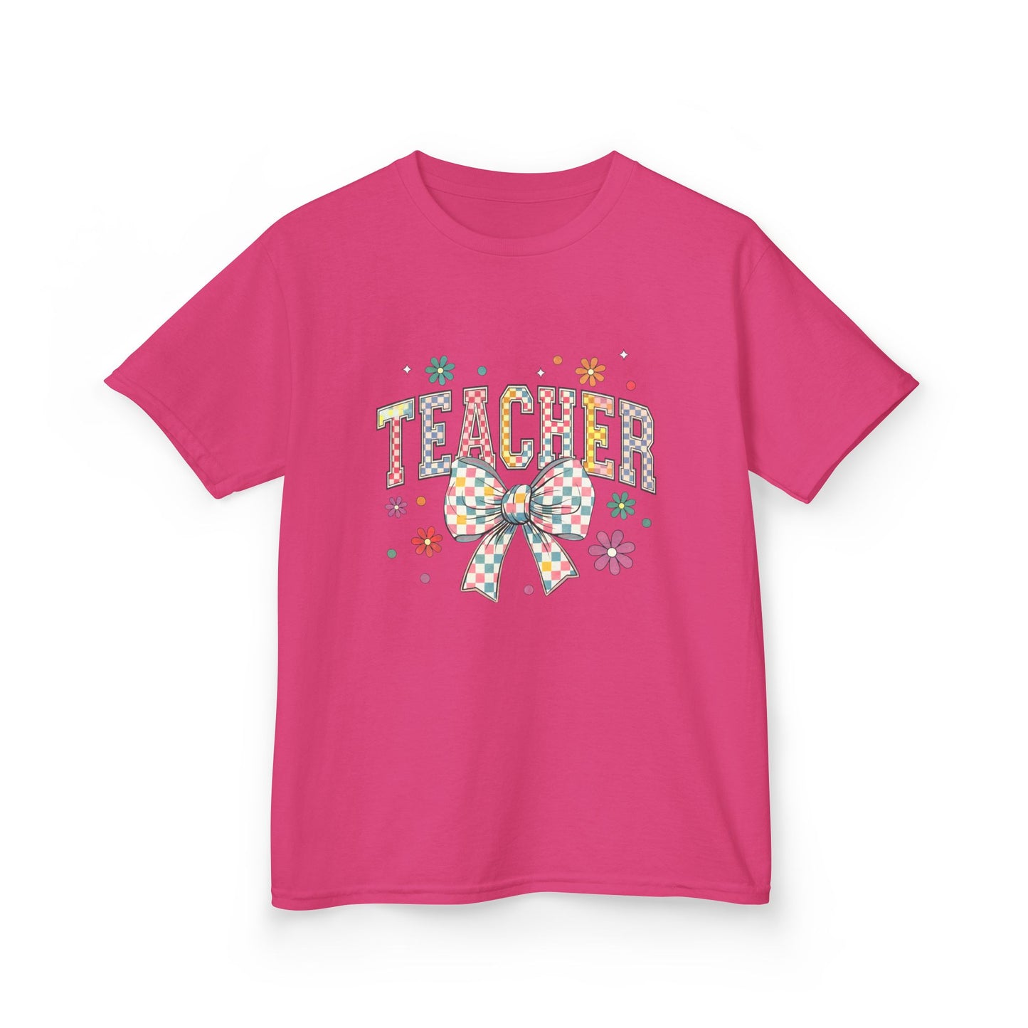 Teacher Kids Tee with Colorful Bow Design, Perfect for Back to School, Teacher Appreciation, Birthday Gift, Fun Classroom Wear Heliconia