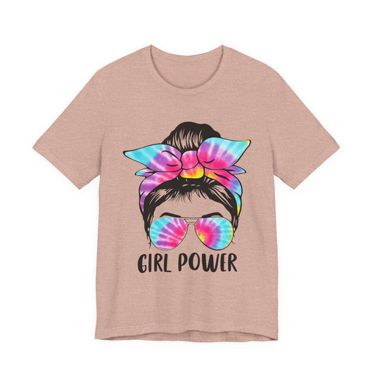Girl Power Tie-Dye Tee, Unisex Short Sleeve Shirt, Feminist Apparel, Gift for Her, Casual Everyday Wear, Birthday Present Heather Prism Peach