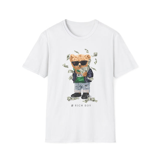 Rich Boy Graphic T-Shirt | Unisex Softstyle Tee | Cute Bear Design | Casual Wear | Gift for Kids | Birthday & Holiday White