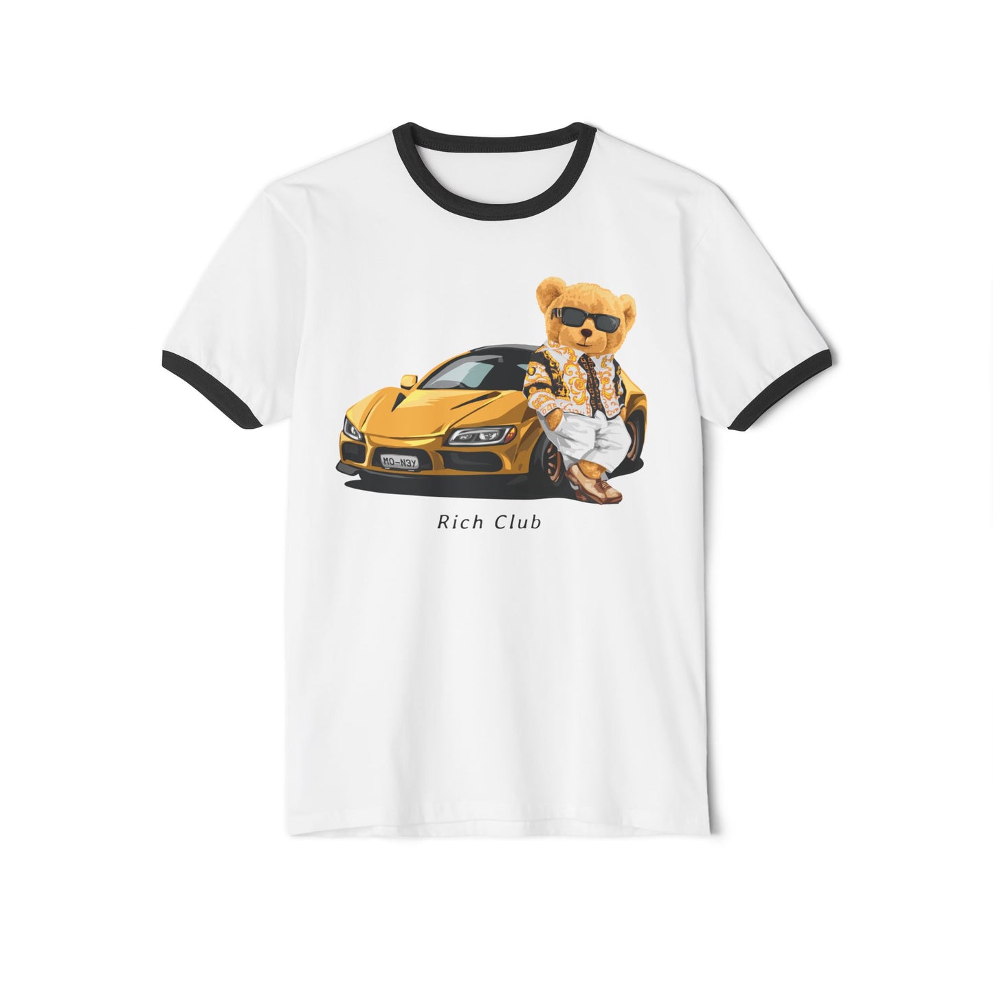 Rich Club Bear Unisex Cotton Ringer T-Shirt, Casual Wear, Streetwear, Gift for Car Lovers, Fun Graphic Tee White Black