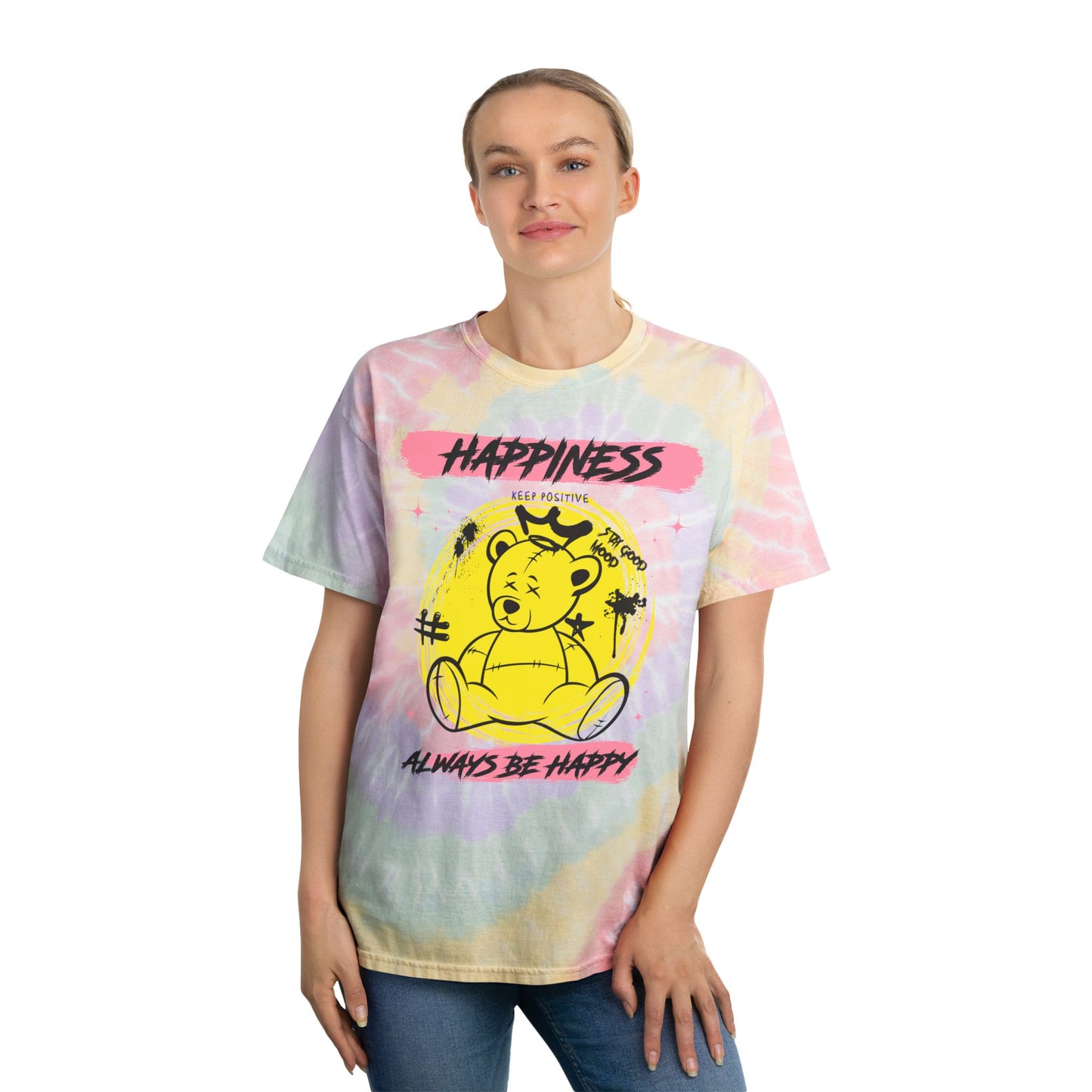 Unisex "Happiness" Tie Dye T-Shirt – Feel-Good Streetwear Graphic Tee with Teddy Bear & Positive Quote – Soft Cotton Hazy Rainbow