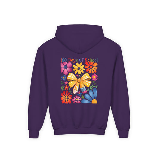 Bright Floral 100 Days of School Youth Hoodie, Colorful Kids Sweatshirt, School Celebration Apparel, Student Gift, Fun Classroom Outfit Purple