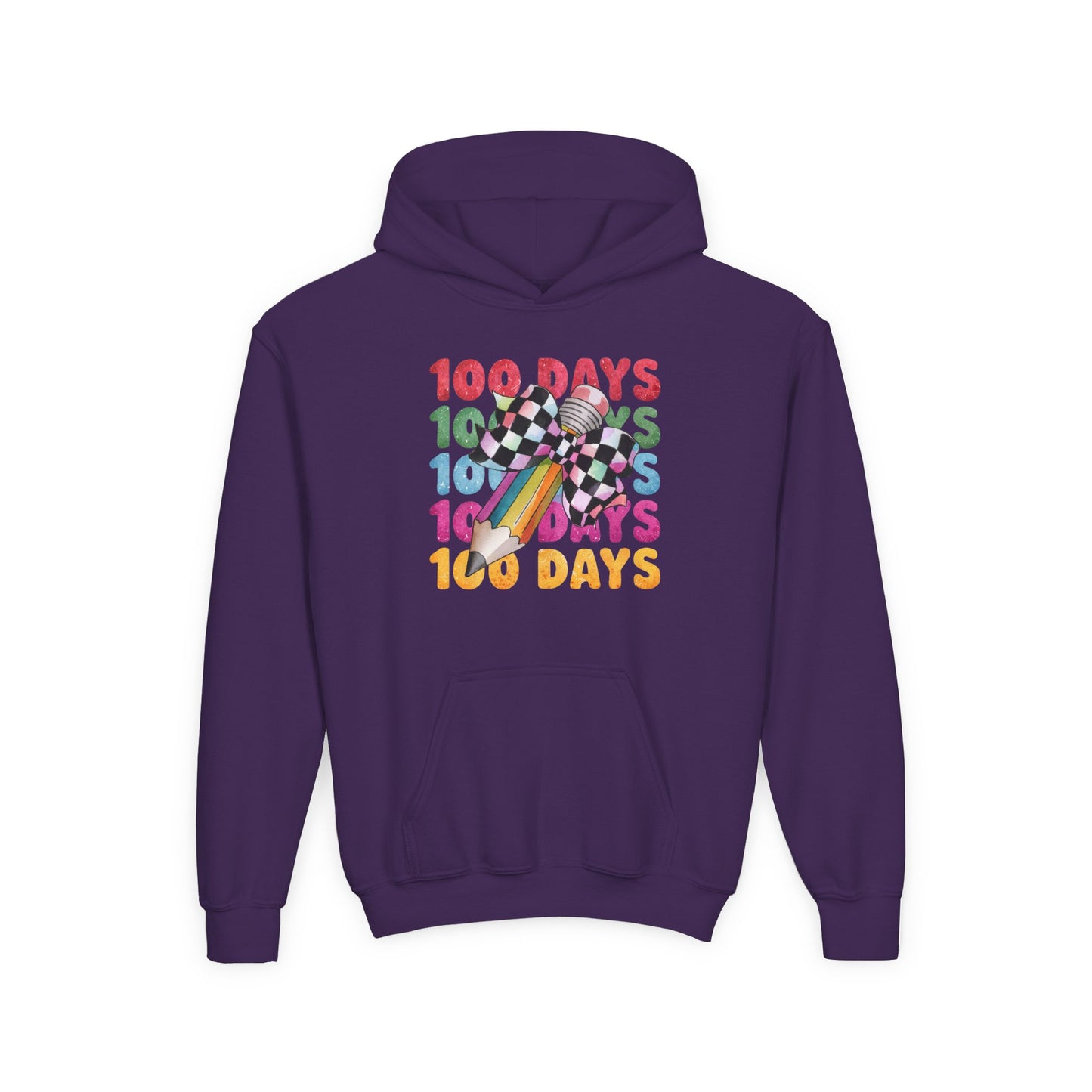 Colorful 100 Days Hoodie for Kids, Fun Sweatshirt for School Celebrations, Youth Fashion, Unique Gift for Students, Cozy Everyday Wear Purple