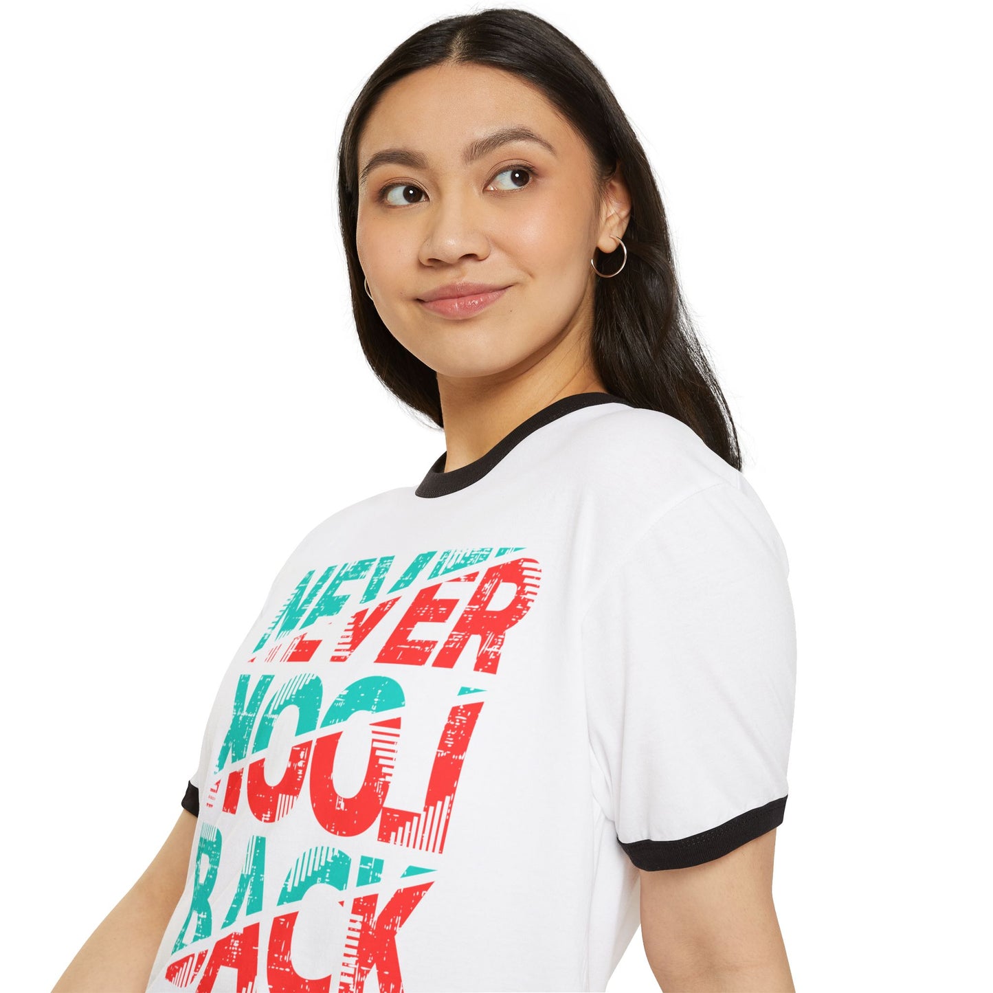 Retro Ringer T-Shirt - 'Never Look Back' Statement Tee, Casual Wear, Vintage Style, Gift for Friends, Motivational Shirt