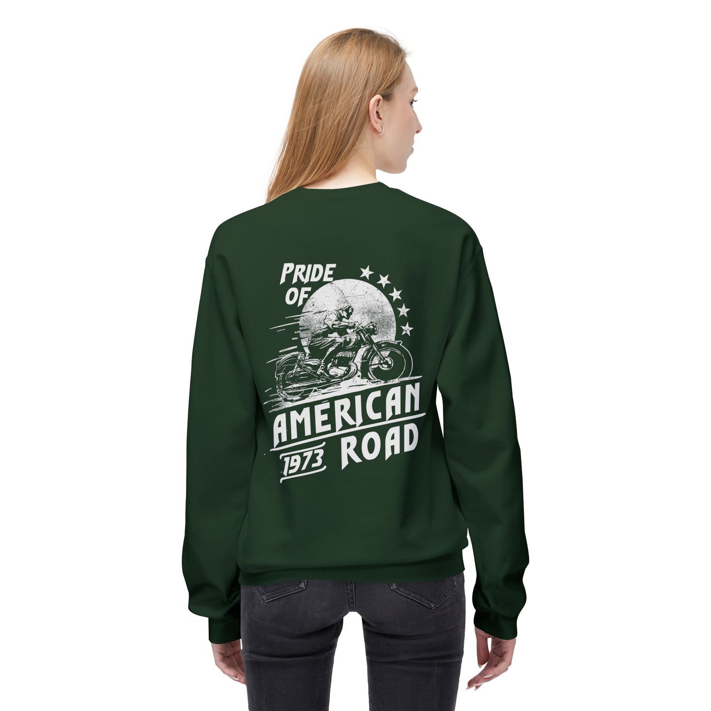 Pride of American Road Crewneck Sweatshirt, Cozy Unisex Fleece Top, Ideal Gift for Bikers, Road Trip Apparel, 1973 Vintage Style