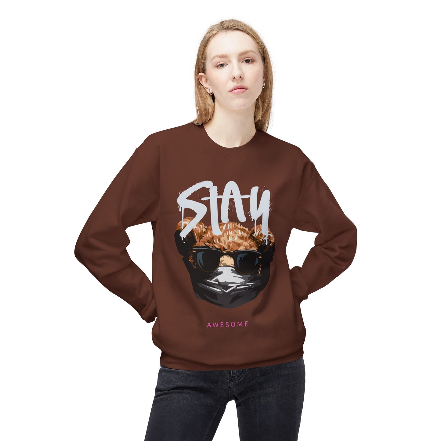 Stay Awesome Fleece Crewneck Sweatshirt for Cozy Vibes, Perfect Gift for Friends, Cute Casual Wear, Fun Retro Style, Ideal for Cold Days