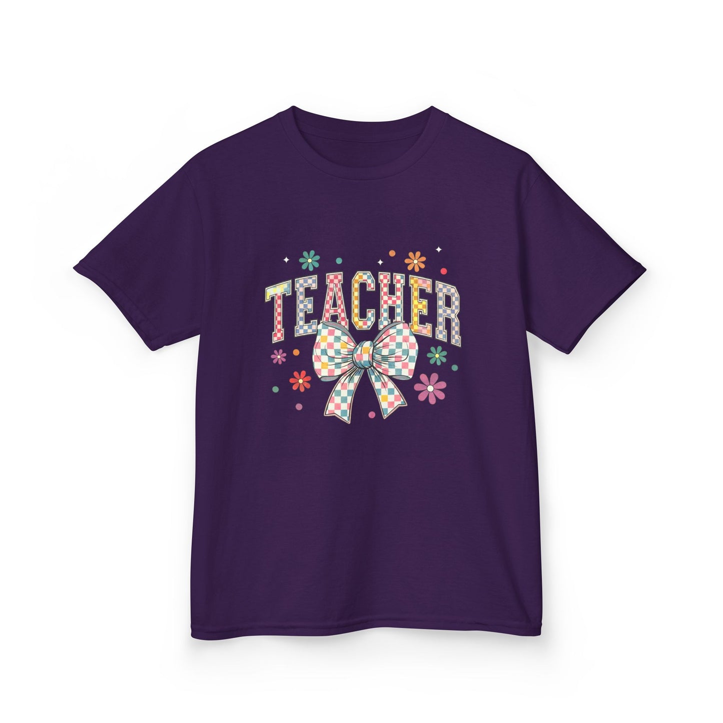 Teacher Kids Tee with Colorful Bow Design, Perfect for Back to School, Teacher Appreciation, Birthday Gift, Fun Classroom Wear Purple