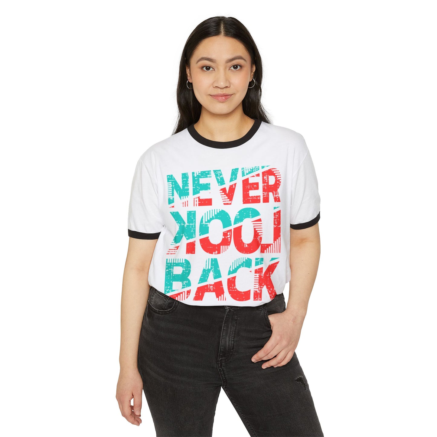 Retro Ringer T-Shirt - 'Never Look Back' Statement Tee, Casual Wear, Vintage Style, Gift for Friends, Motivational Shirt