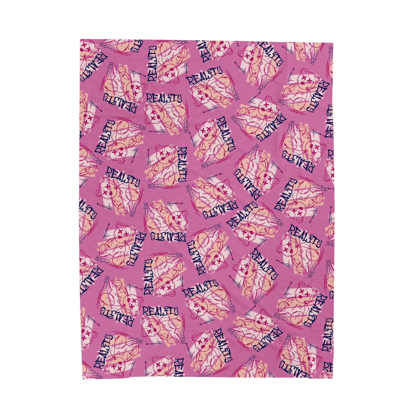 "Reality" Edgy Teddy Bear Graphic Velveteen Plush Blanket – Pink Soft Throw for Modern Home Decor – Streetwear Style