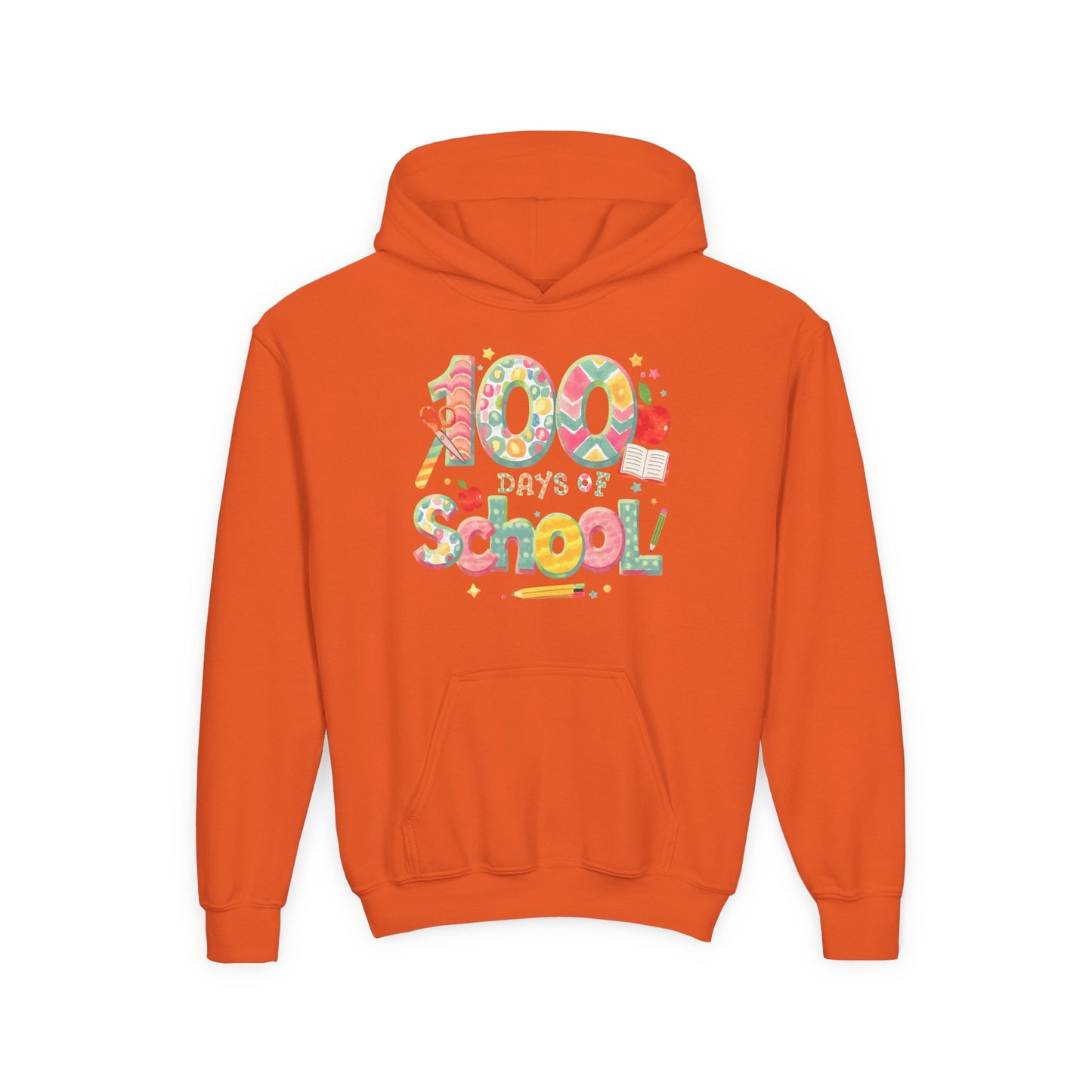 100 Days of School Youth Hoodie, Colorful School Spirit Sweatshirt, Kids Celebration Hoodie, Perfect for School Events, Fun Memory Gear Orange