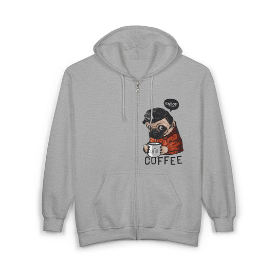 Coffee-Loving Pug Hoodie with Funny Graphic, Cozy Gift for Dog Lovers, Unisex Zip-Up Sweatshirt, Cute Pet-Themed Apparel