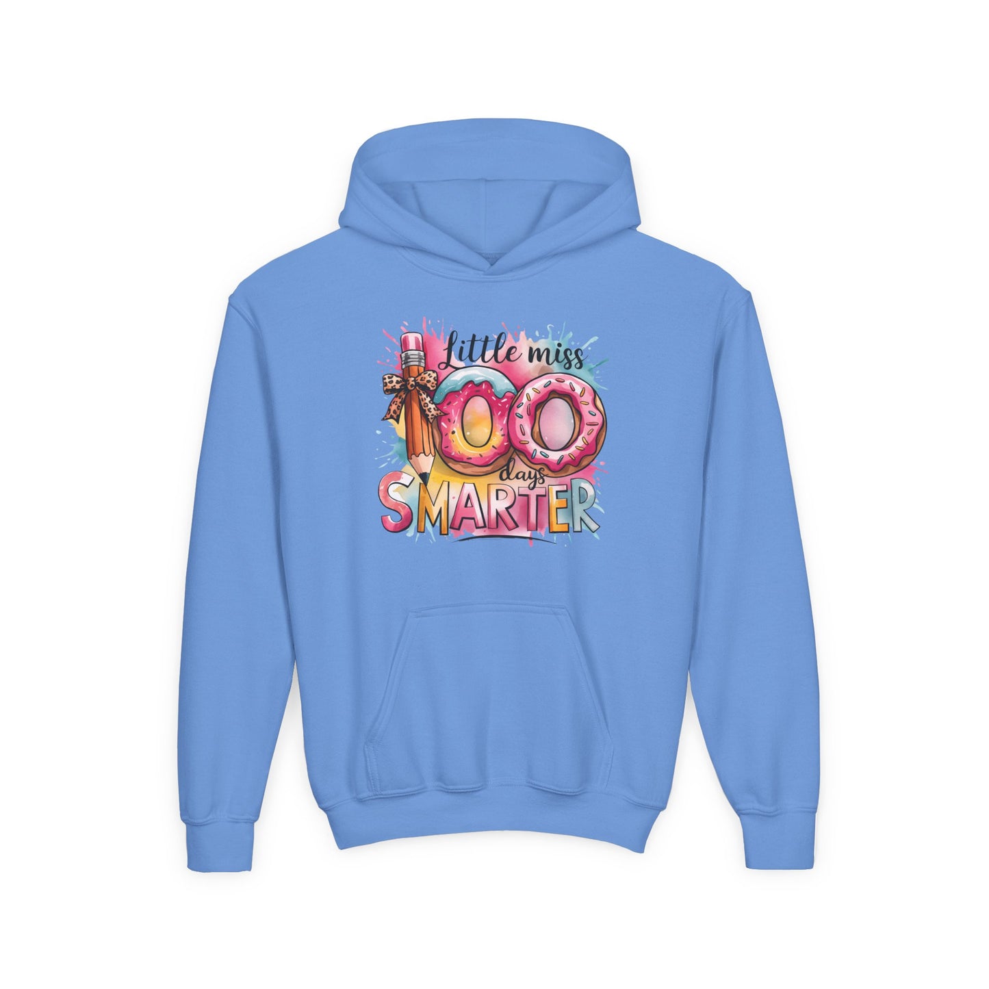 Youth Hooded Sweatshirt - Little Miss 100 Days Smarter Celebration Gift, Kids Birthday, School Milestone, Fun Apparel, Cute Kids Outfit Carolina Blue