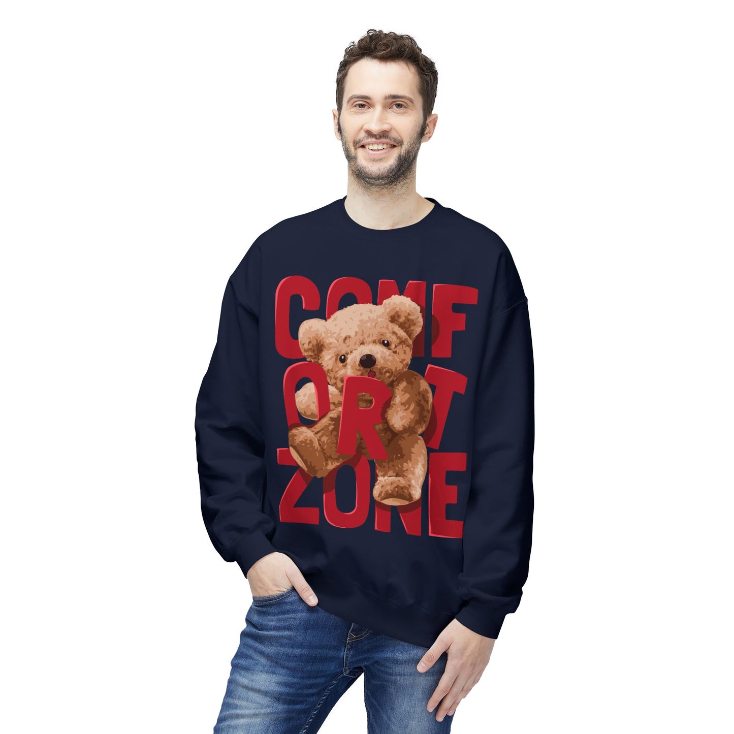 Comfort Zone Teddy Bear Crewneck Sweatshirt, Cozy Black Sweatshirt, Unisex Gift, Cute Sweatshirt for Winter, Relaxation Apparel