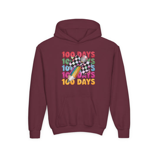 Colorful 100 Days Hoodie for Kids, Fun Sweatshirt for School Celebrations, Youth Fashion, Unique Gift for Students, Cozy Everyday Wear Maroon