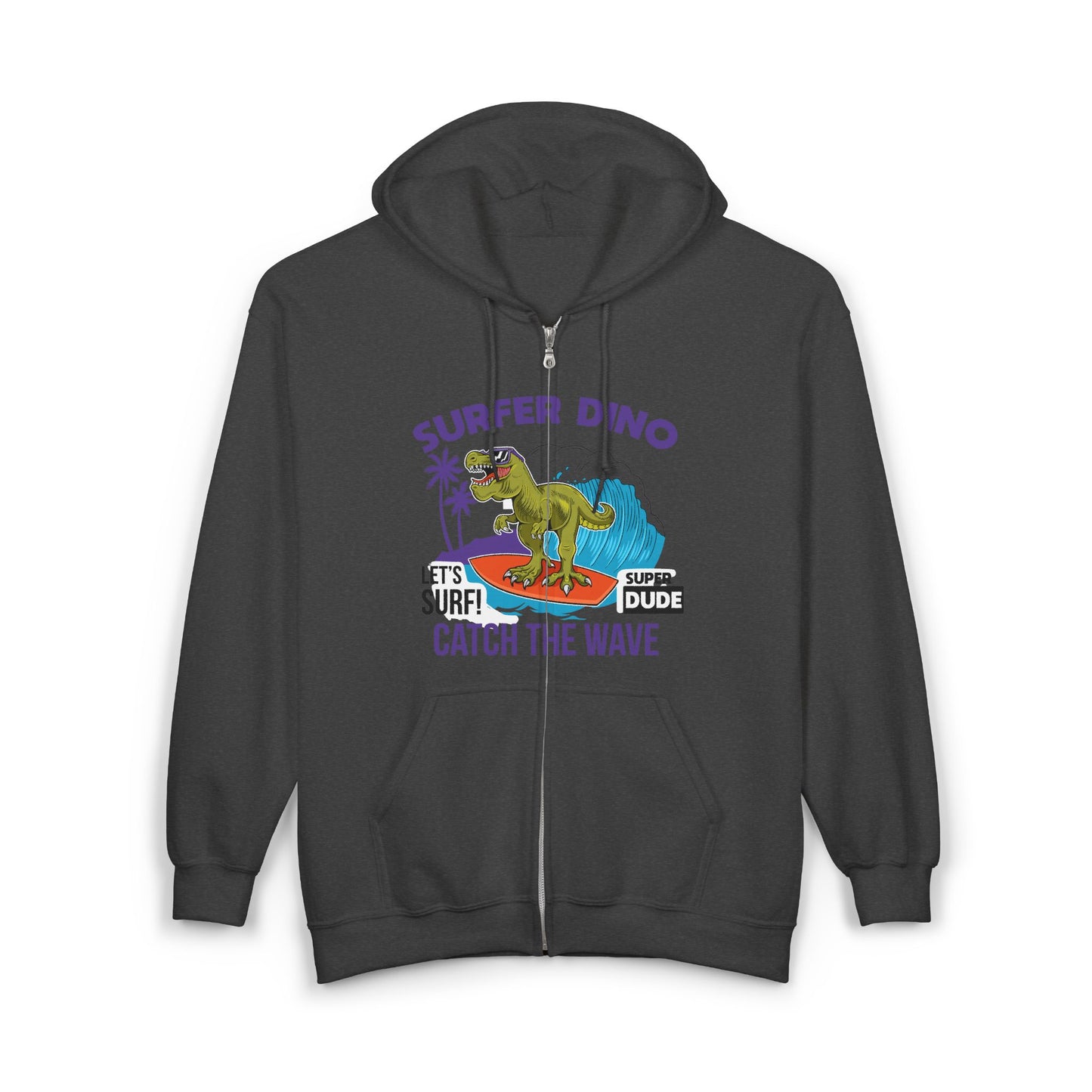 Surfer Dino Full Zip Hoodie - Catch the Wave, Surfing Sweatshirt for Beach Lovers, Gifts for Dino Enthusiasts, Fun Casual Wear