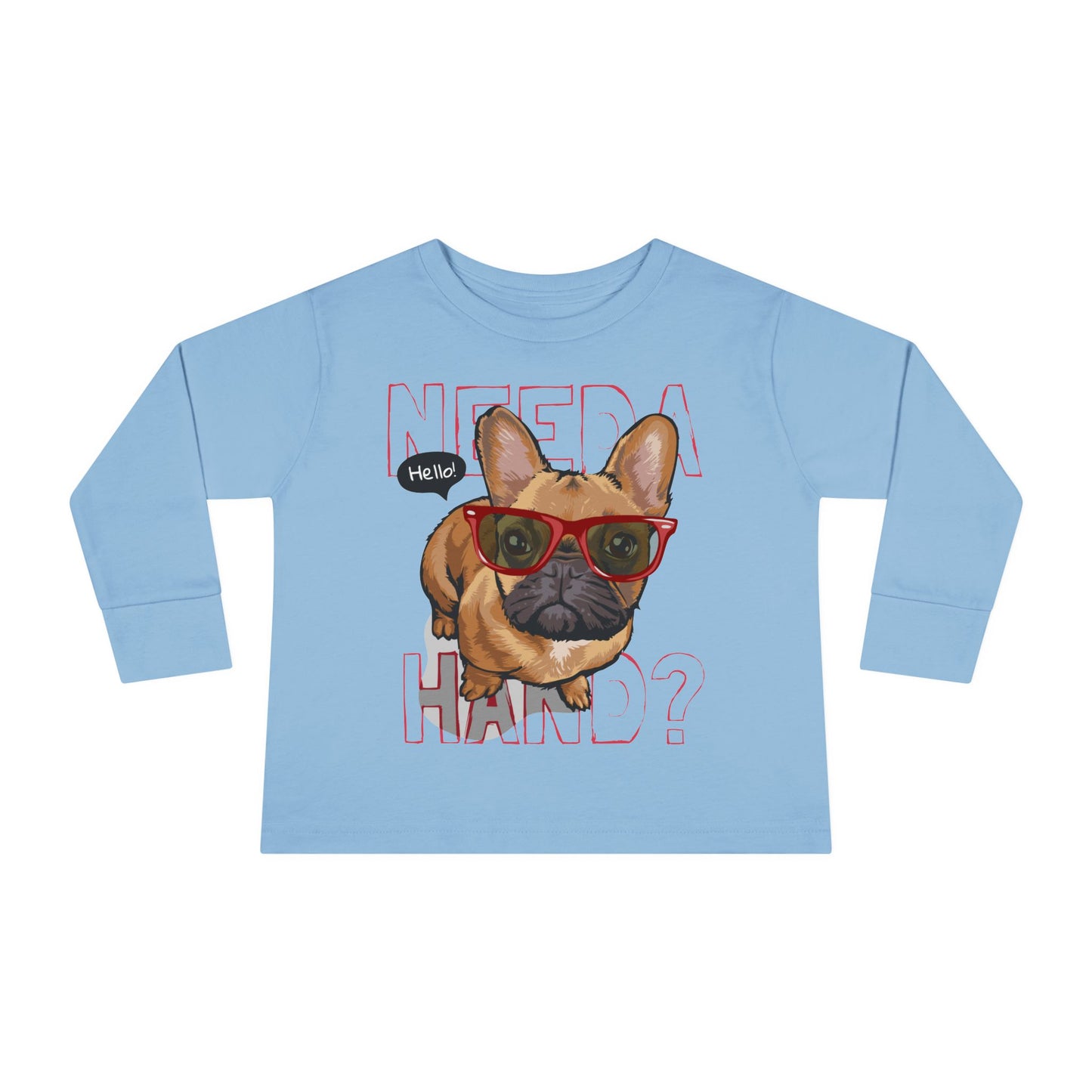 Hello French Bulldog Toddler Tee, Cute Kids Shirt, Toddler Long Sleeve, Dog Lover Gift, Fun Pet Tee, Birthday Outfit, Playdate Wear Light Blue
