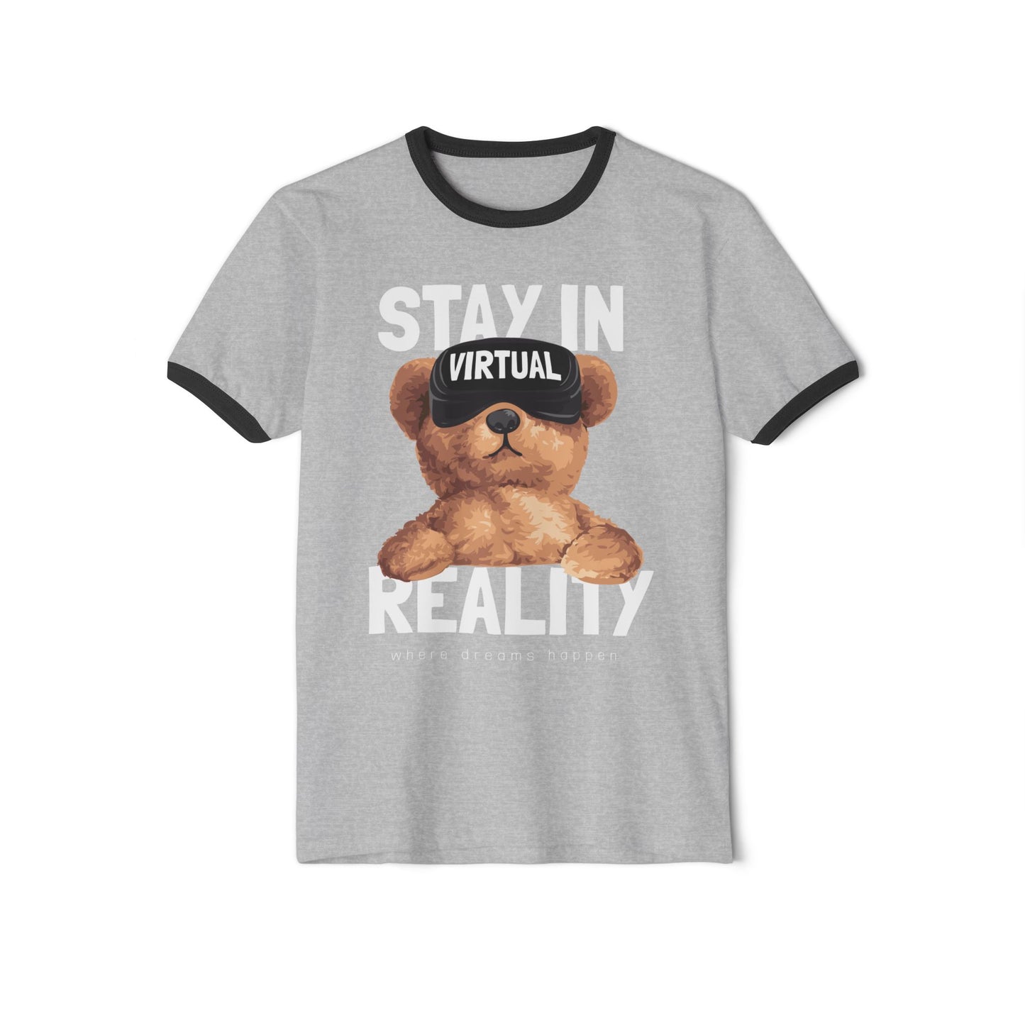 Unisex Virtual Reality Ringer T-Shirt - Stay in Reality, Cute Bear Graphic Tee for Casual Wear, Perfect Gift for Gamers, Birthday Heather Grey Black