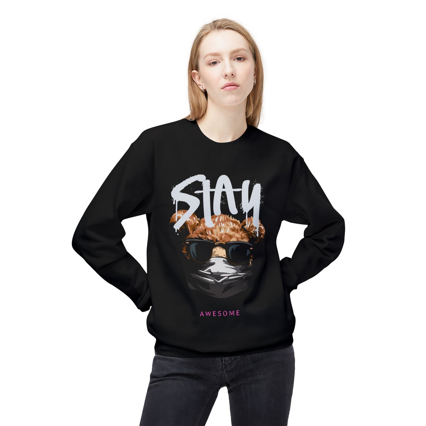 Stay Awesome Fleece Crewneck Sweatshirt for Cozy Vibes, Perfect Gift for Friends, Cute Casual Wear, Fun Retro Style, Ideal for Cold Days