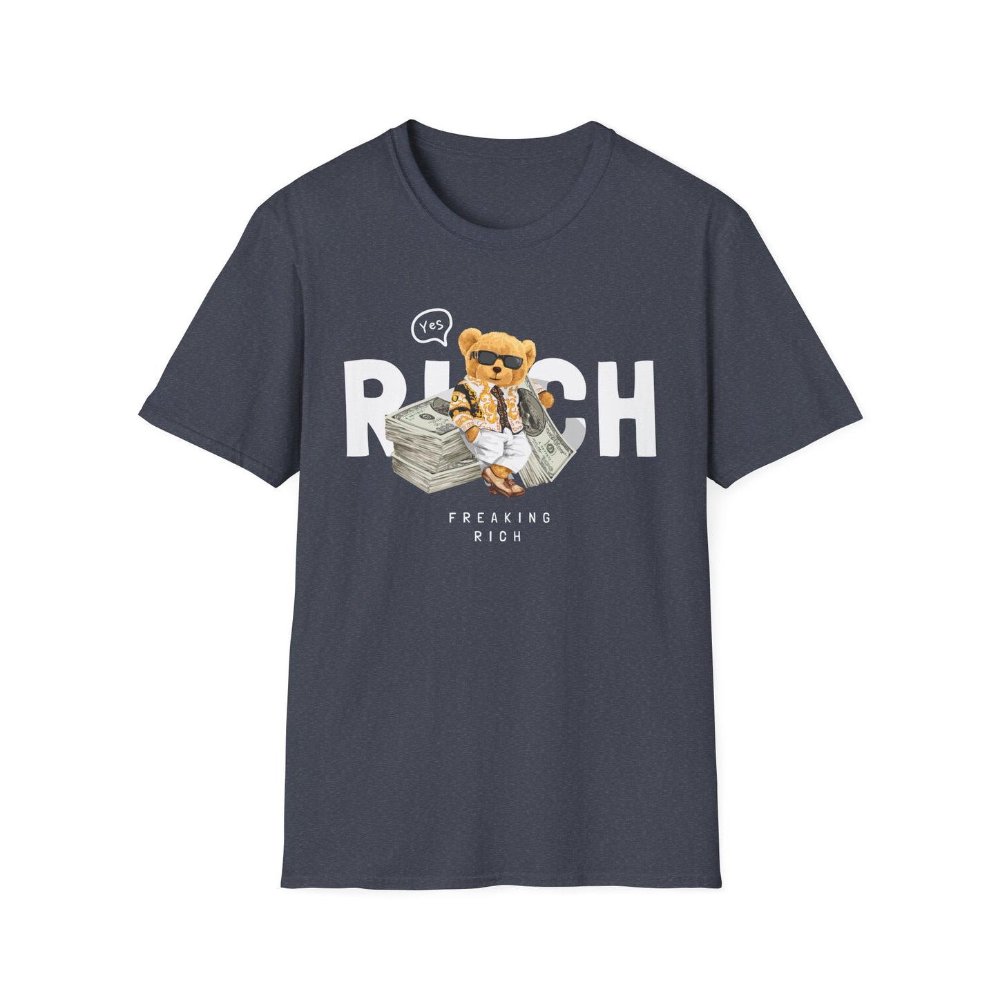 Freaking Rich T-Shirt, Unisex Softstyle Tee for Money Lovers, Fun Graphic Shirt for Birthdays, Gifts, Everyday Wear, Casual Attire Heather Navy