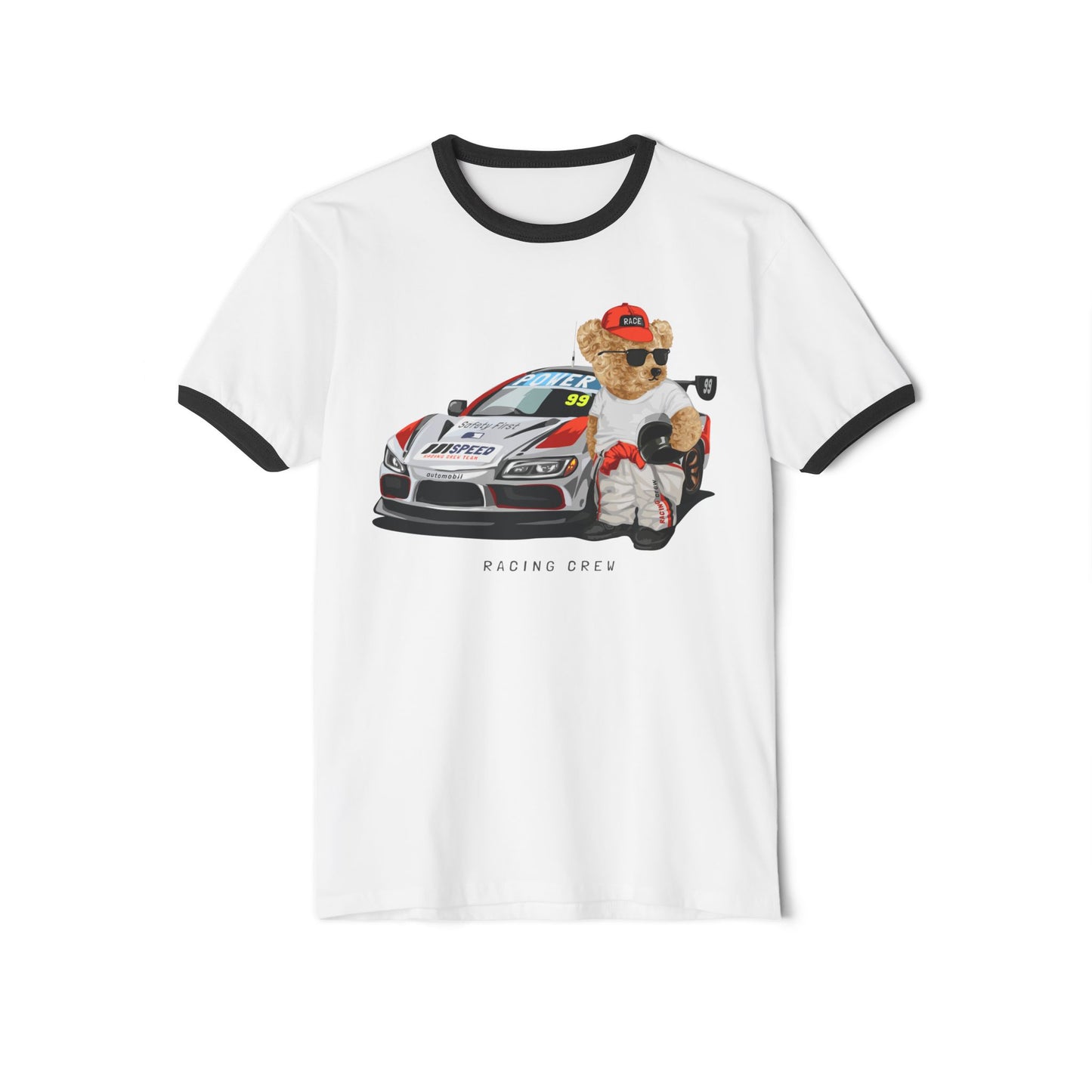 Racing Bear Unisex Cotton Ringer T-Shirt - Funny, Casual Wear, Gift for Car Lovers, Birthday Gift, Motorsport Apparel White Black