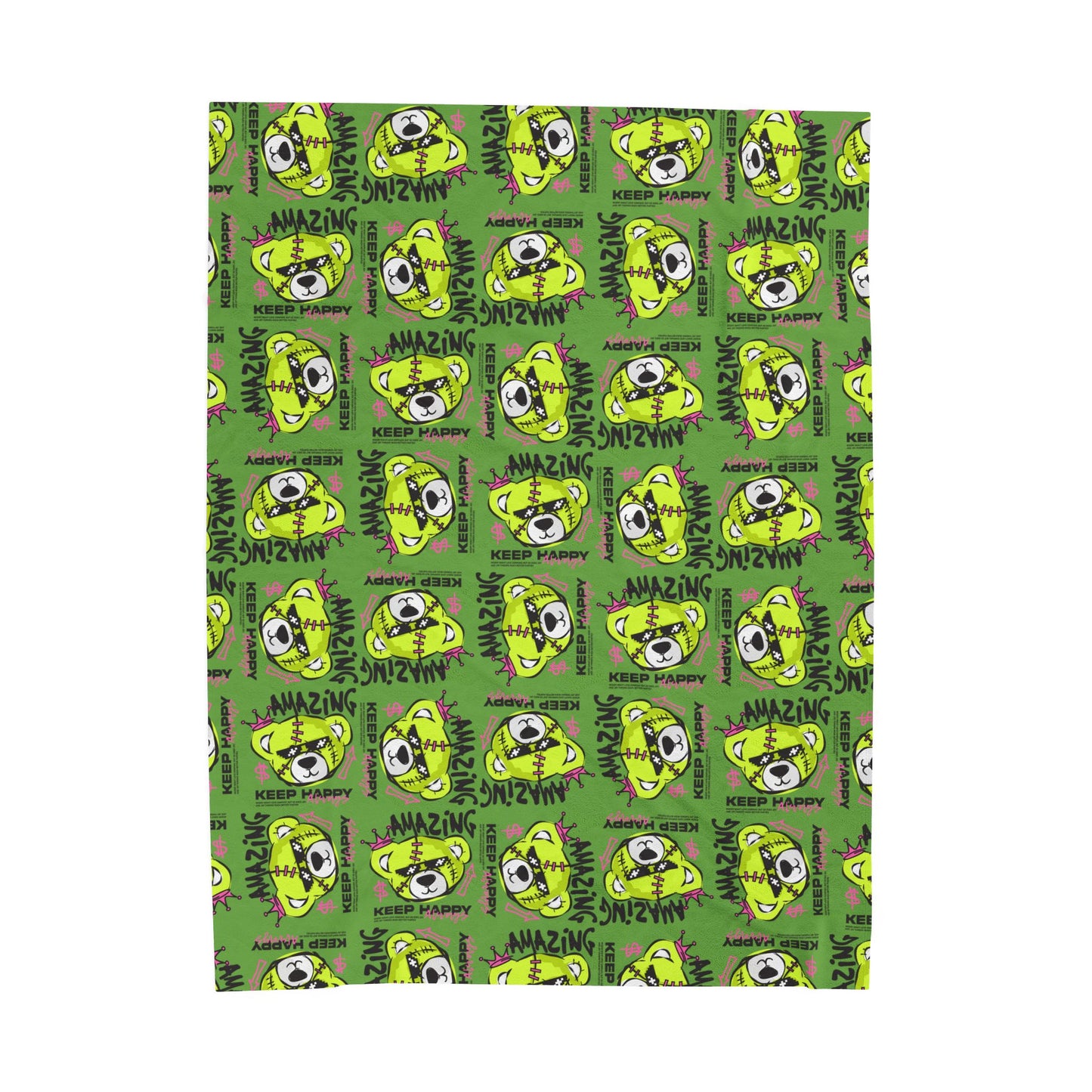"Amazing" Green Bear Graphic Velveteen Plush Blanket – Soft Throw with "Keep Happy" Quote – Urban Streetwear Home Decor