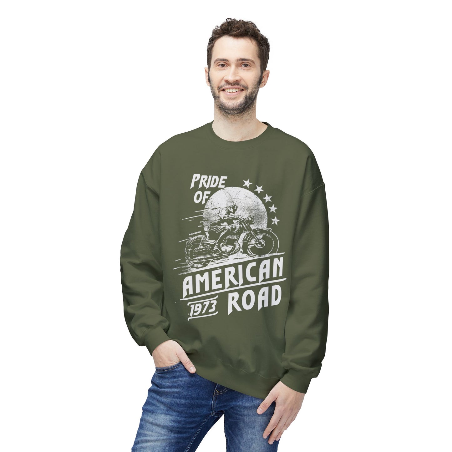 Pride of American Road Crewneck Sweatshirt, Cozy Unisex Fleece Top, Ideal Gift for Bikers, Road Trip Apparel, 1973 Vintage Style