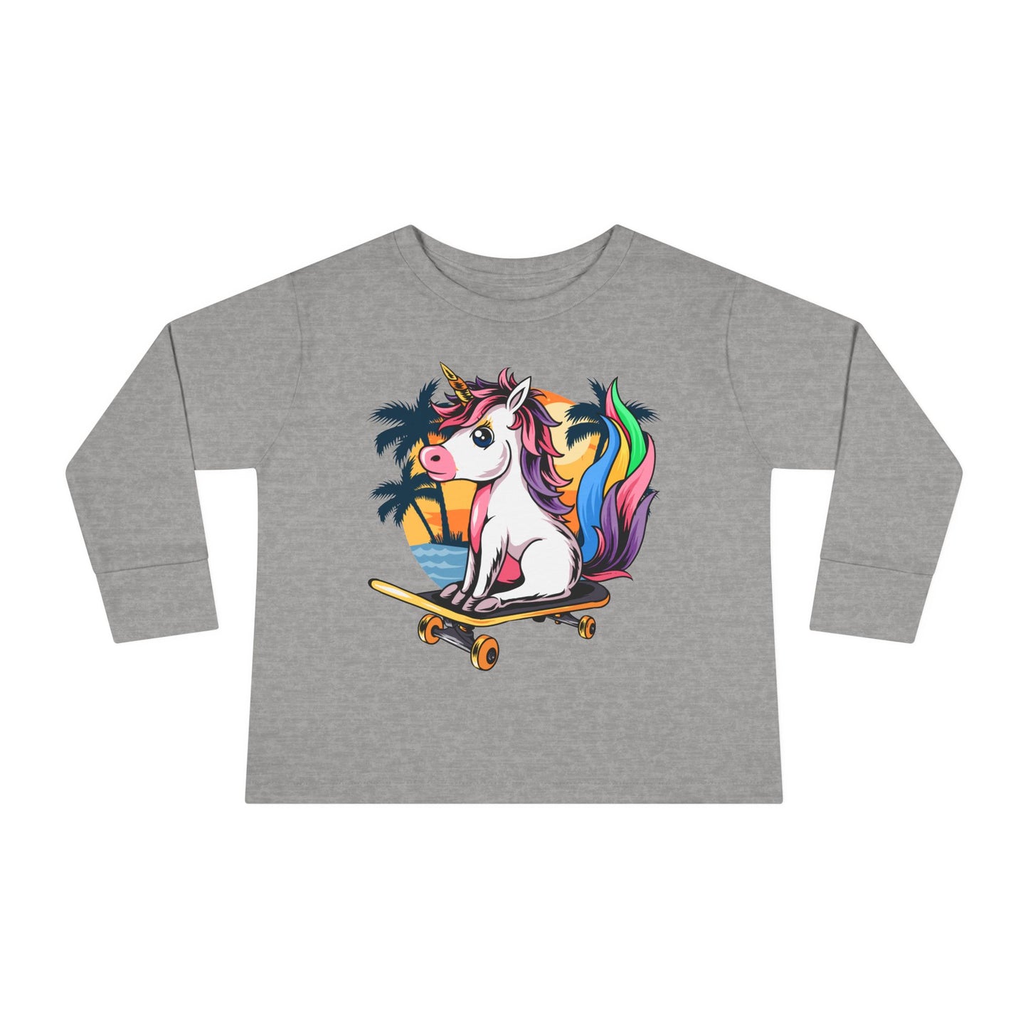 Skateboarding Unicorn Toddler Long Sleeve Tee, Cute Kids Shirt, Unicorn Lover Gift, Playful Toddler Outfit, Birthday Gift Heather