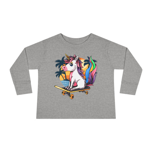 Skateboarding Unicorn Toddler Long Sleeve Tee, Cute Kids Shirt, Unicorn Lover Gift, Playful Toddler Outfit, Birthday Gift Heather