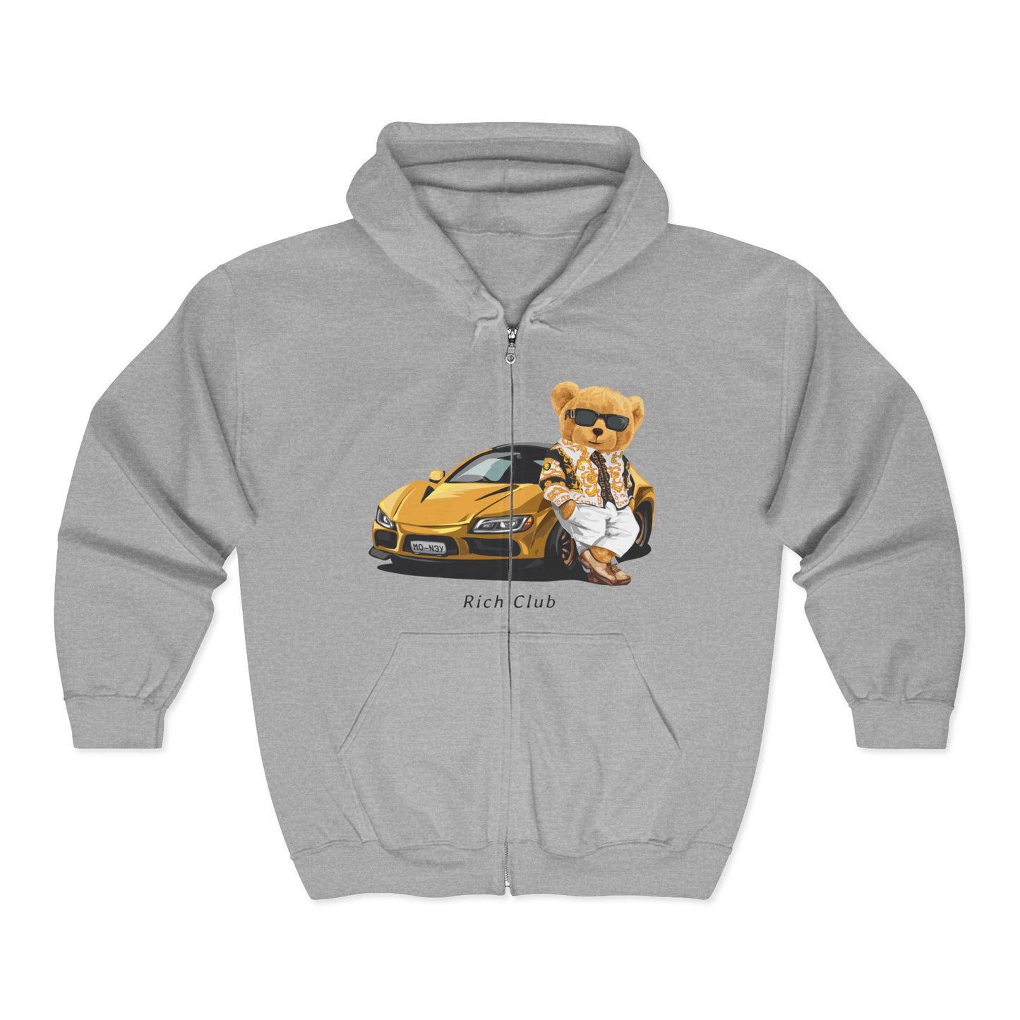 Cool Bear in Car Hoodie, Unisex Zip Sweatshirt, Streetwear, Gift for Car Lovers, Trendy Fashion, Unique Graphic Hoodie Sport Grey