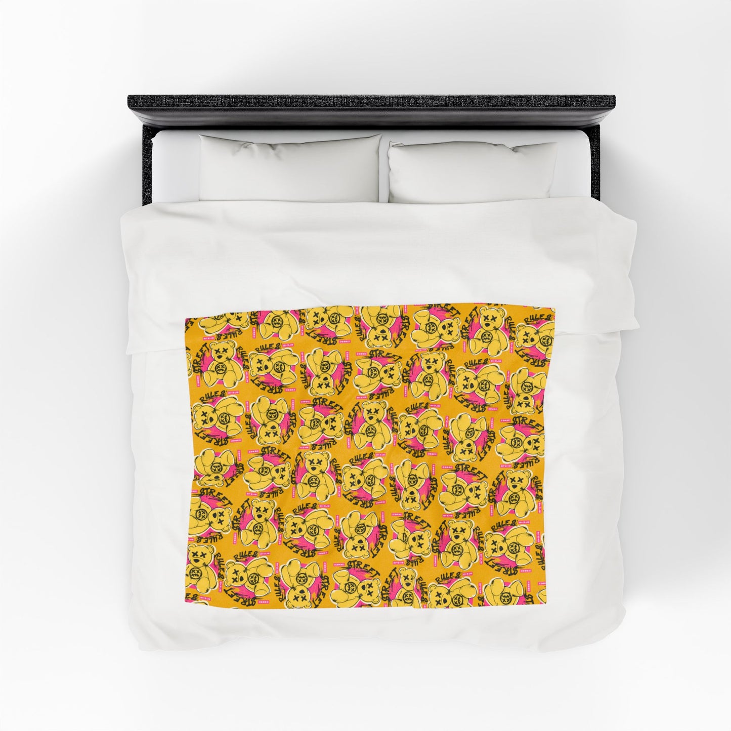 "Street Rules" Graphic Velveteen Plush Blanket – Soft Yellow Throw with Teddy Bear – Urban Graffiti Style Home Decor